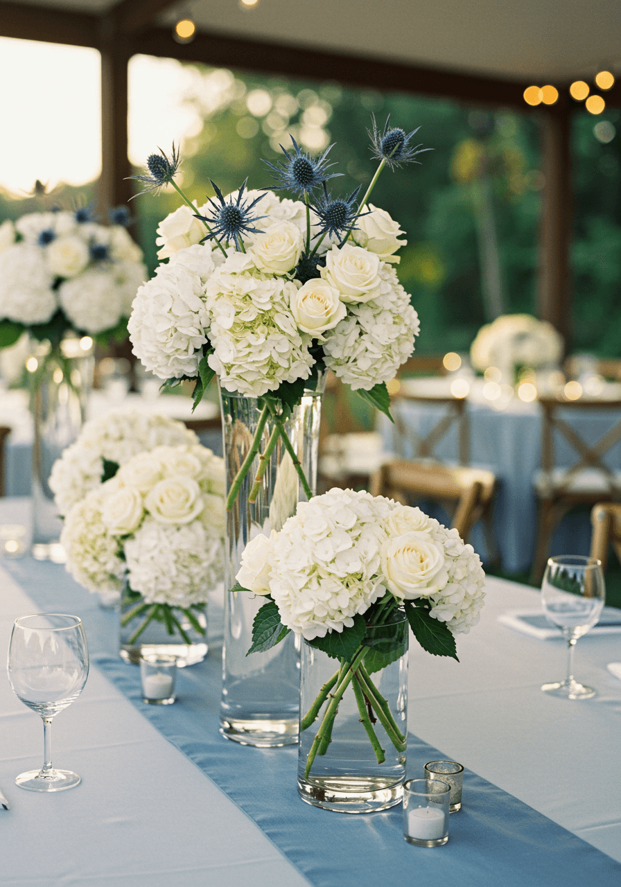 White hydrangeas and roses with blue thistle stems in tall glass vases at outdoor garden reception