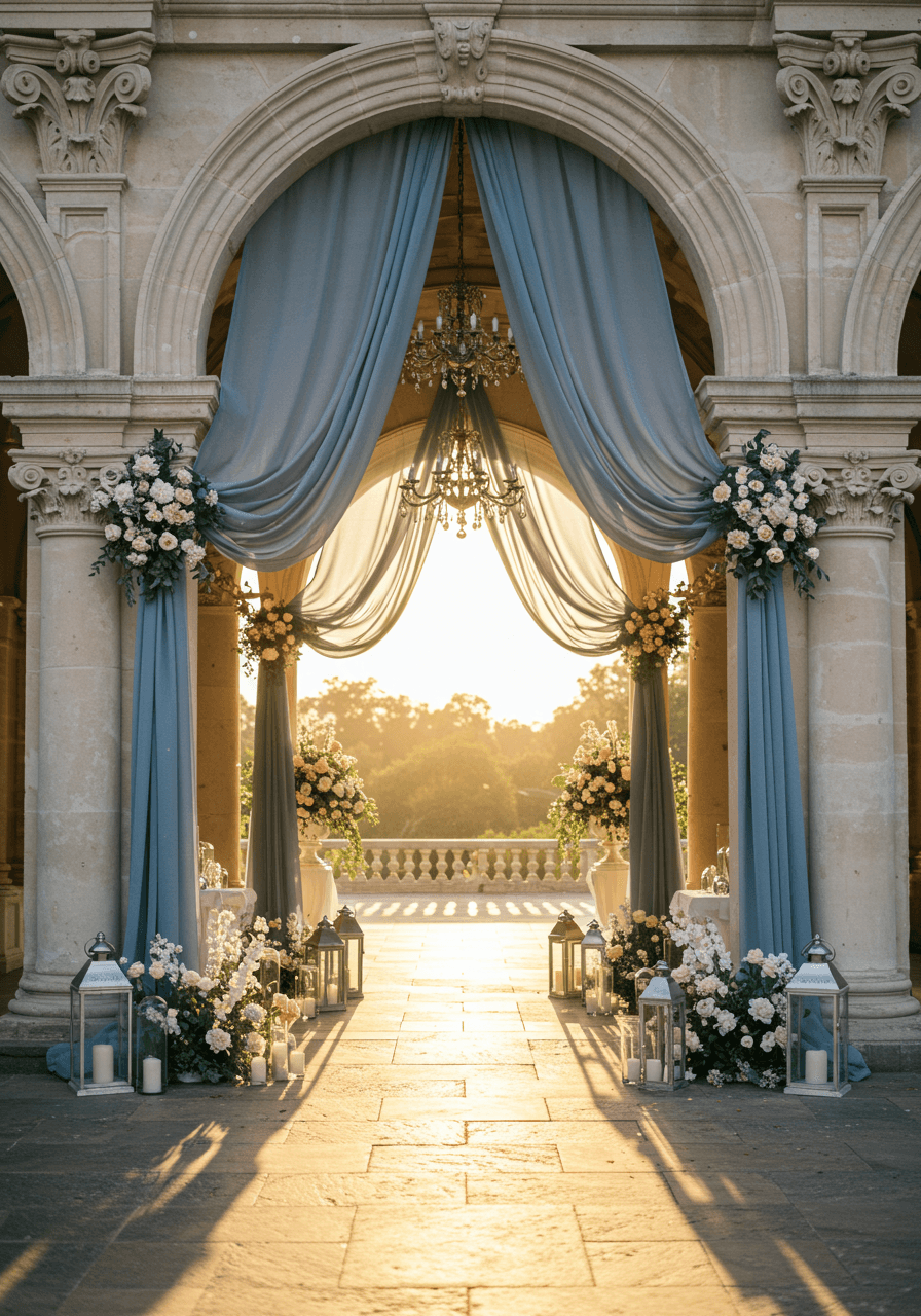 Grand wedding venue entrance with flowing dusty blue fabric draping from ornate columns during golden hour