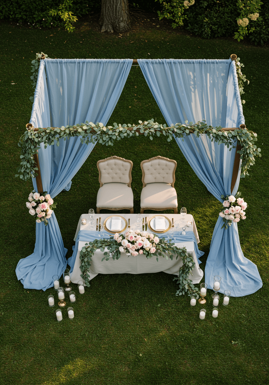 Overhead view of luxurious sweetheart table beneath billowing dusty blue chiffon canopy in garden