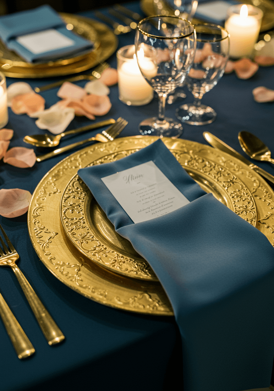 Close-up of ornate gold-rimmed charger plates with dusty blue napkins and golden cutlery