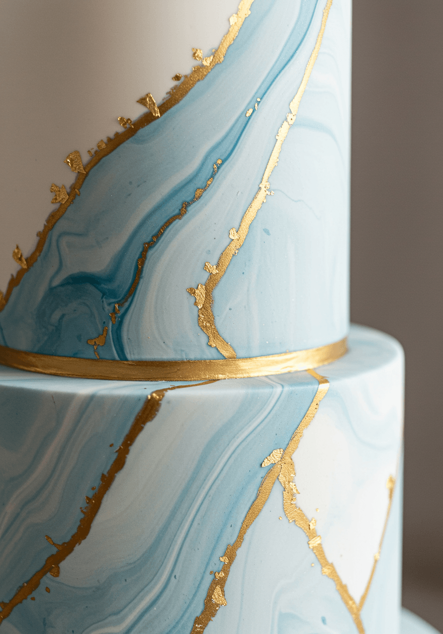 Close-up detail of wedding cake showing realistic marble fondant with dusty blue and gold veining