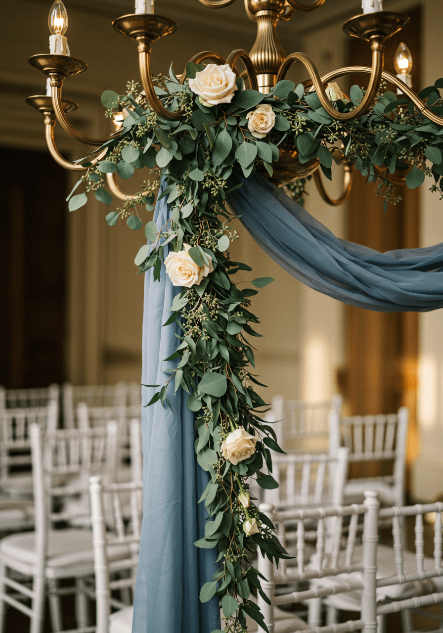 Ornate brass chandelier decorated with flowing dusty blue chiffon and eucalyptus garlands