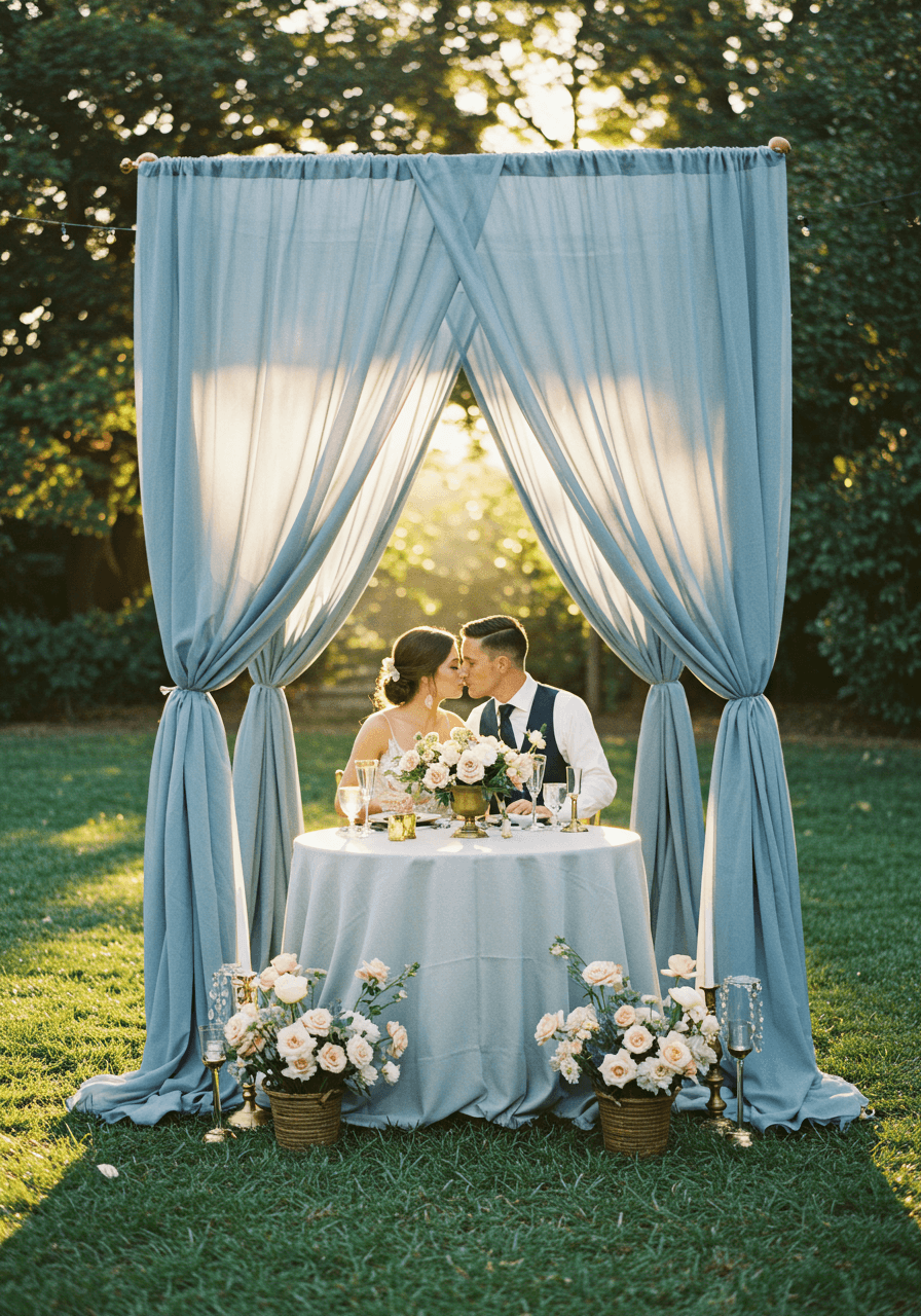 Romantic couple sharing intimate moment at elegantly set table beneath flowing dusty blue fabric canopy