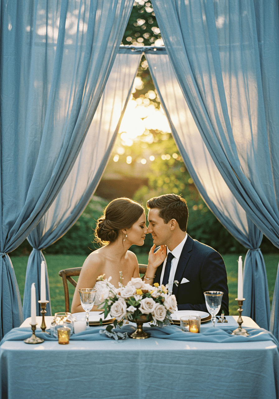 Close-up of couple at sweetheart table with dusty blue draping and golden hour lighting