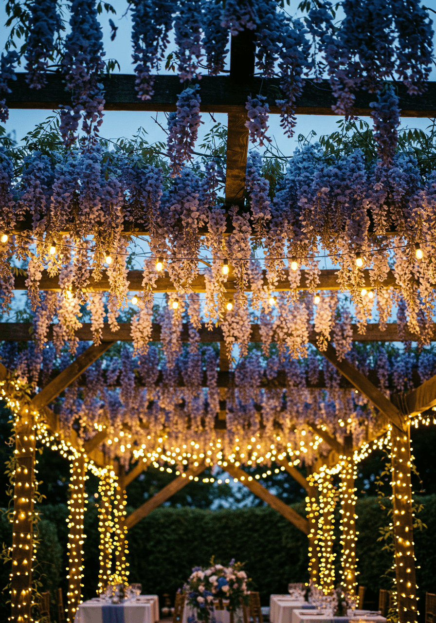 Romantic outdoor wedding reception with overhead canopy of cascading blue wisteria and twinkling lights