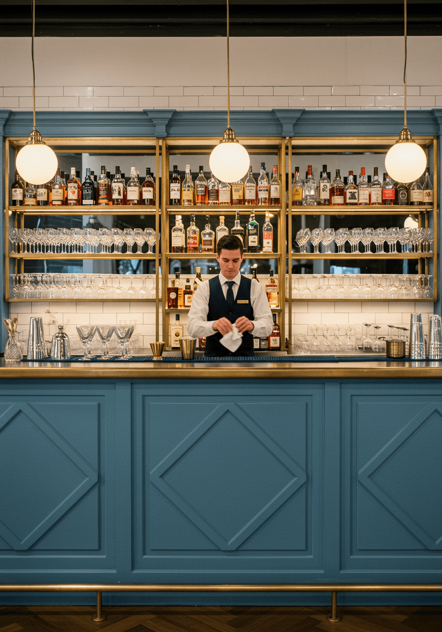 Bartender polishing glassware at upscale wedding bar with geometric dusty blue panels