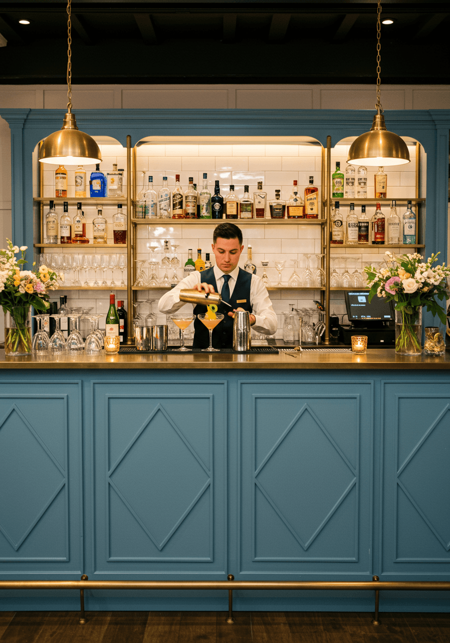 Professional bartender preparing cocktails behind ornate bar with dusty blue lacquered front