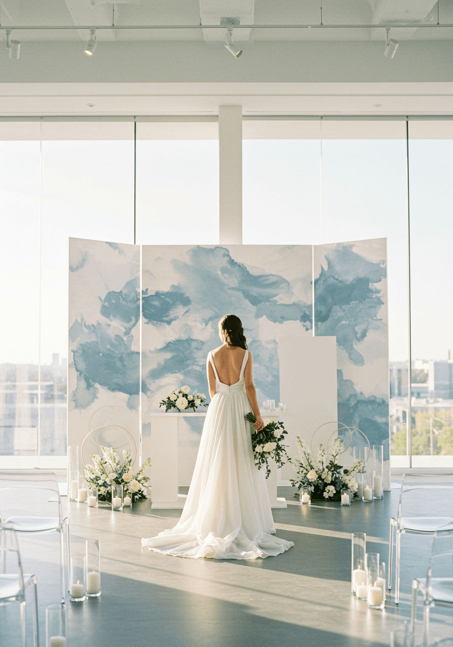 Bride in flowing ivory gown standing before abstract watercolour installation altar with dusty blue washes
