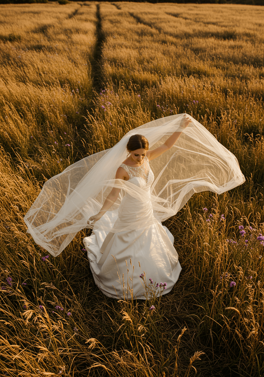 Elegant bride catching flowing veil in rustic field setting with golden wheat and blue sky