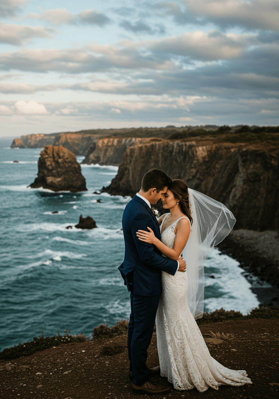 Wedding couple embracing on coastal cliff with dramatic seascape and rocky outcrops below