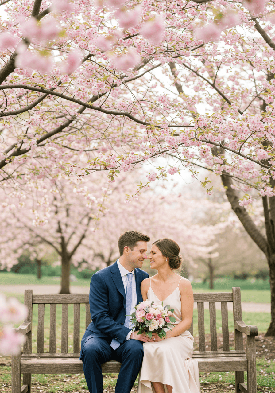 Bride and groom in tender embrace under pink cherry blossoms with soft morning light