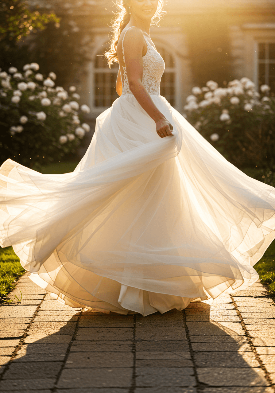 Joyful bride spinning in tulle dress with fabric flowing dramatically in garden setting
