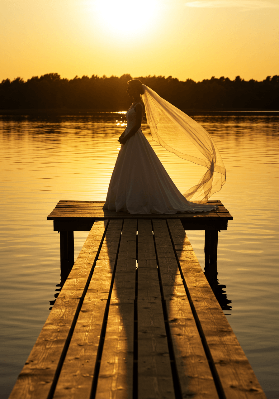 Bride silhouetted on wooden dock extending into calm lake with golden sunset reflection