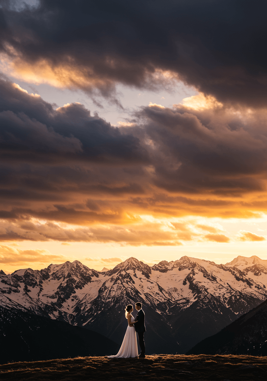 Wedding couple silhouetted against dramatic mountain landscape with snow-capped peaks during golden hour sunset