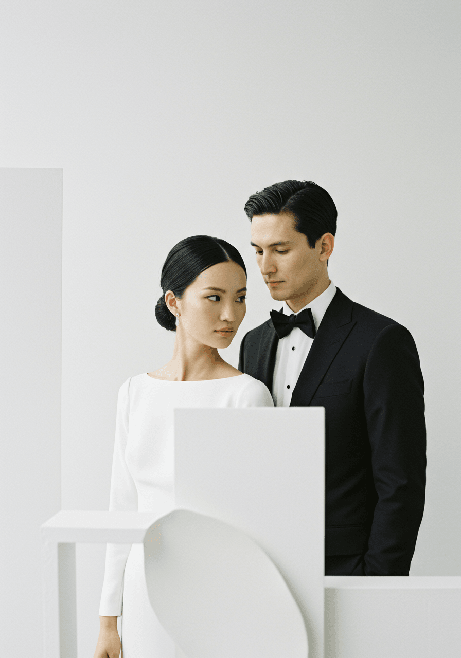 Stylish wedding couple in sophisticated black and white portrait with minimal studio setting