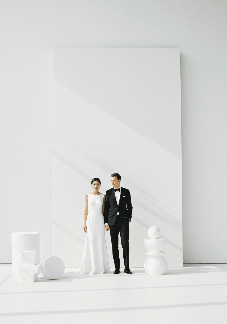 Bride and groom in elegant editorial pose against minimalist white backdrop with clean geometric composition