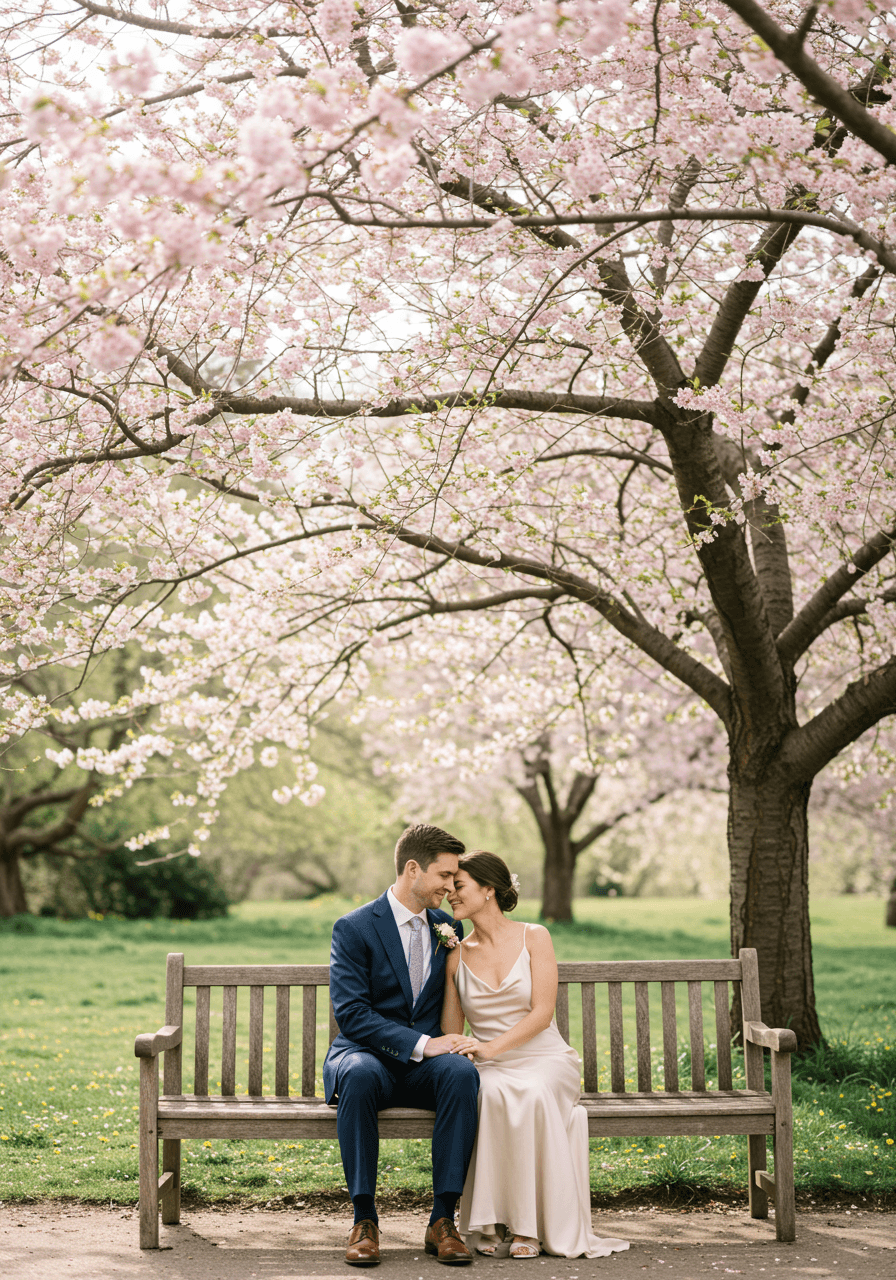 Newlywed couple snuggled together on wooden bench surrounded by blooming cherry blossom trees