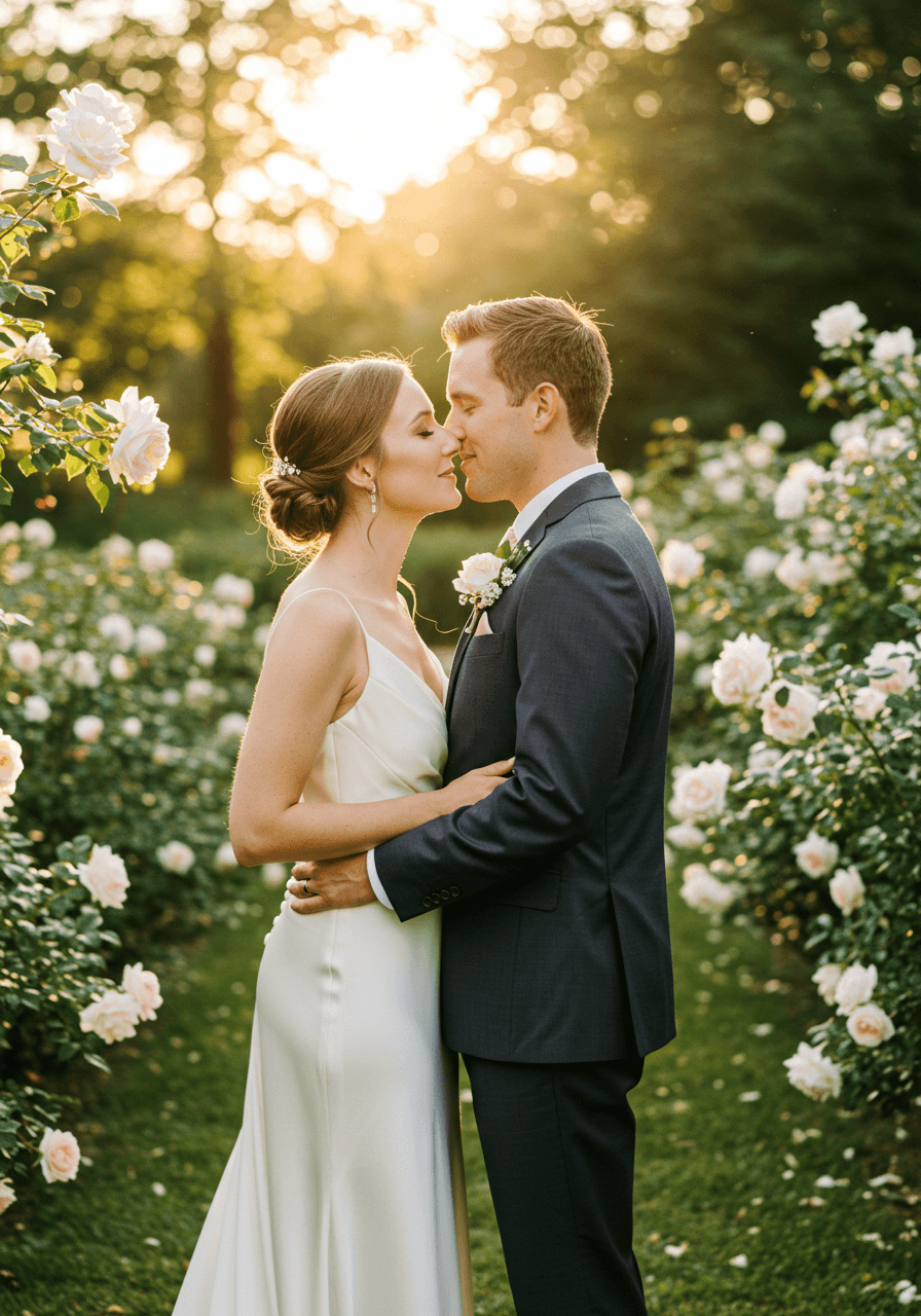Intimate wedding couple embracing with foreheads pressed together among blooming garden flowers