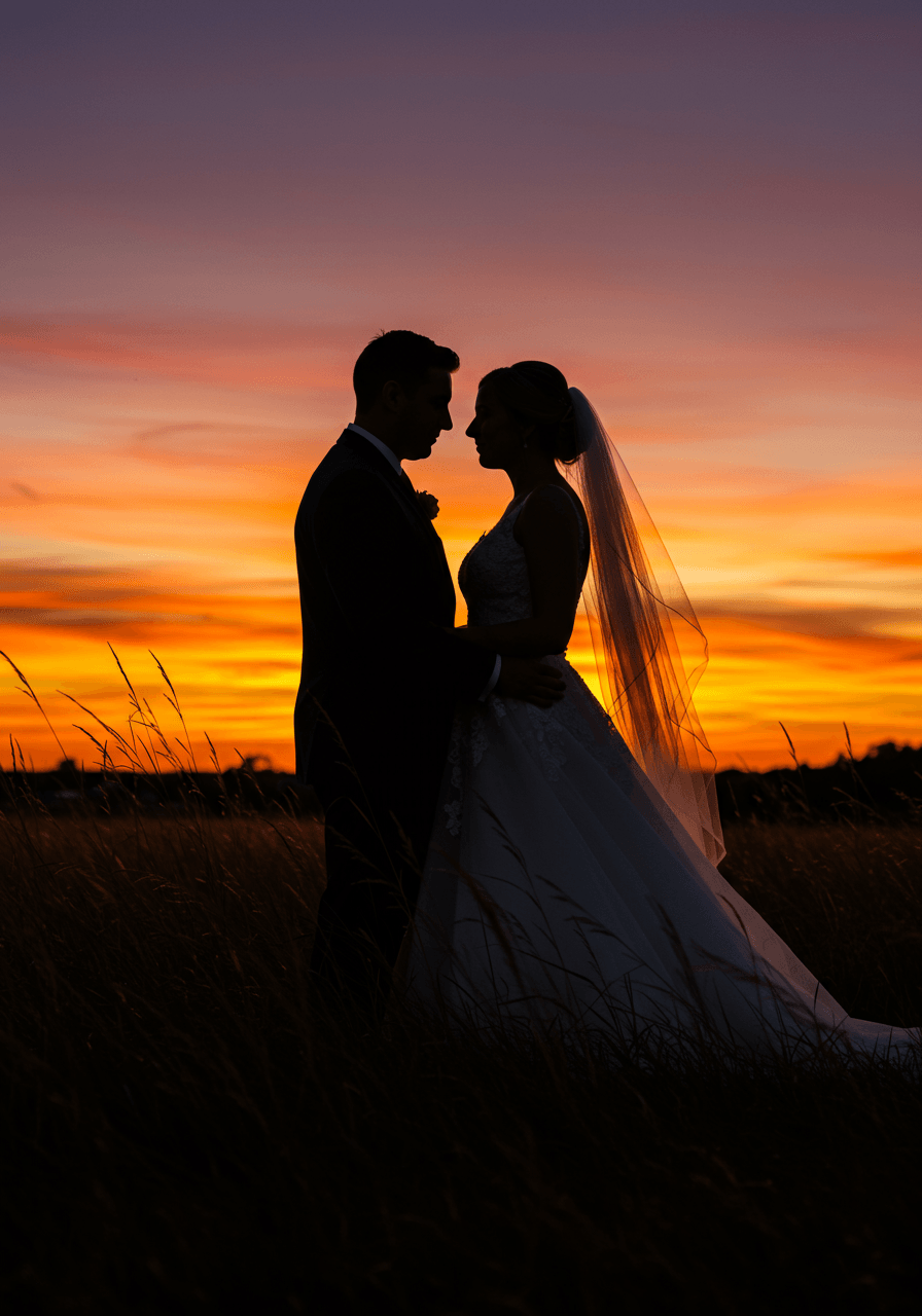 Wedding couple embracing as dramatic silhouettes with flowing dress against golden hour sky