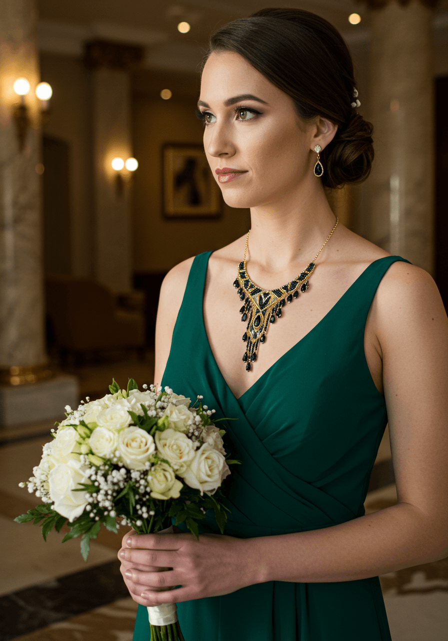 Bridesmaid wearing geometric beaded Art Deco necklace with emerald green dress in elegant hotel lobby with marble columns during golden hour