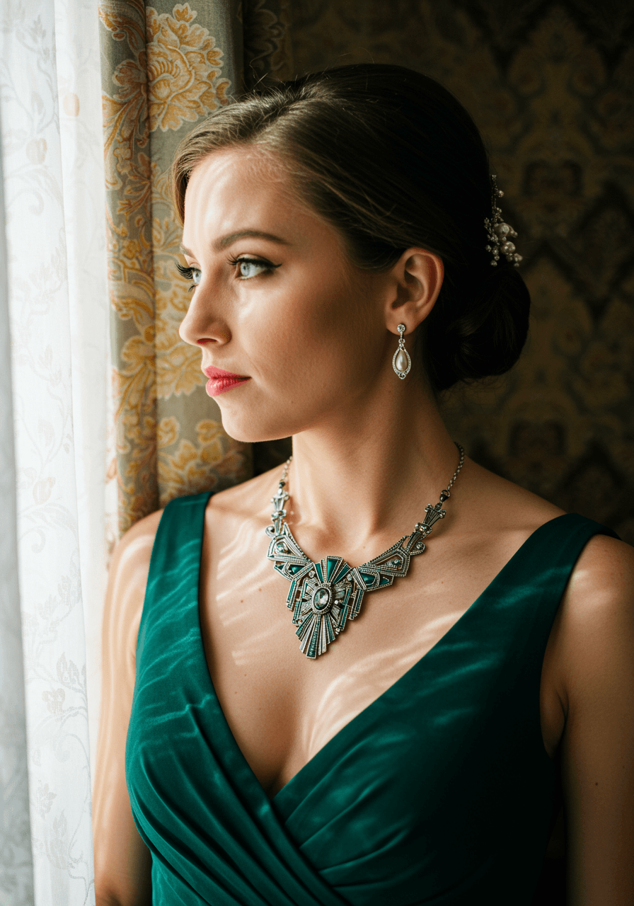 Bridesmaid wearing ornate Art Deco geometric necklace with metallic accents in emerald dress standing in vintage-inspired bridal suite during golden hour