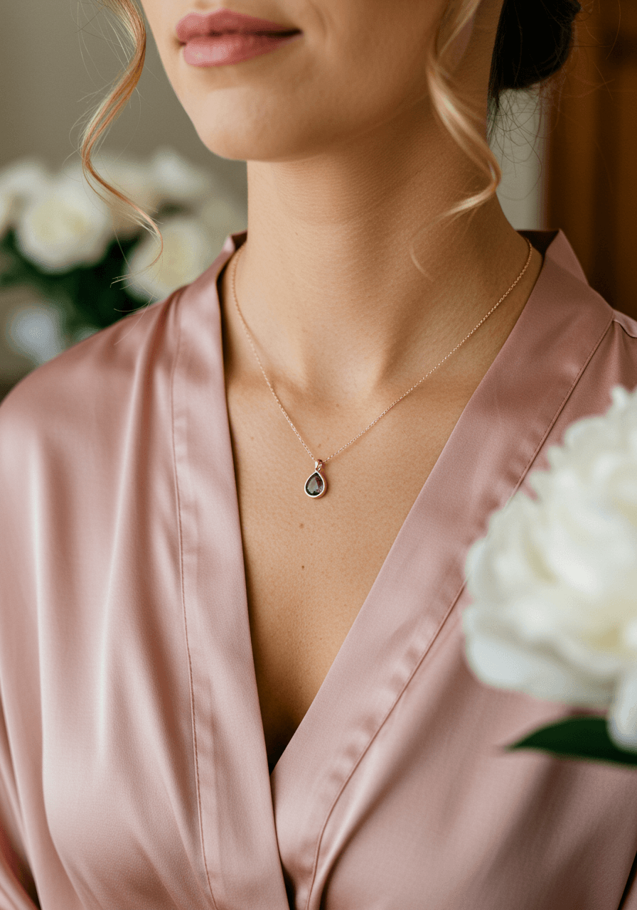 Bridesmaid wearing delicate rose gold birthstone necklace with amethyst pendant in dusty rose silk robe during golden hour