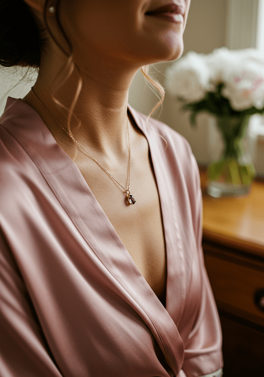 Bridesmaid seated at vanity wearing rose gold amethyst birthstone necklace with soft afternoon window light