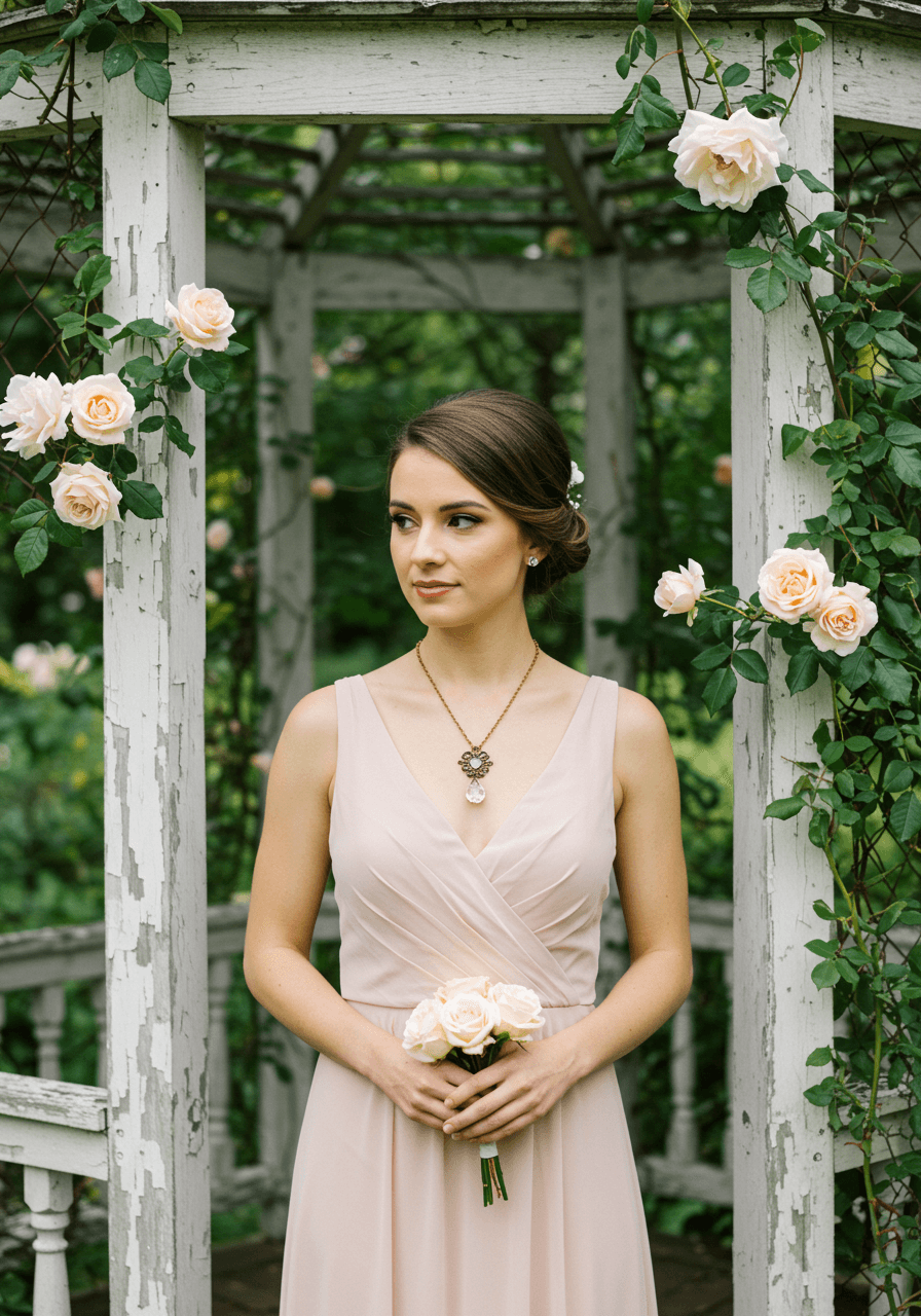 Bridesmaid wearing crystal drop necklace with vintage brass setting in romantic garden gazebo with climbing roses