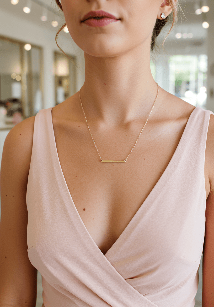 Bridesmaid wearing elegant minimalist gold bar necklace with blush pink dress in contemporary bridal boutique with marble surfaces