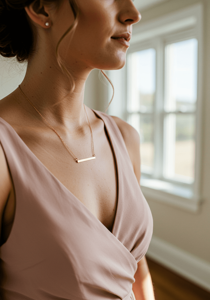 Bridesmaid wearing sleek gold bar necklace in modern bridal suite with clean white walls during golden hour