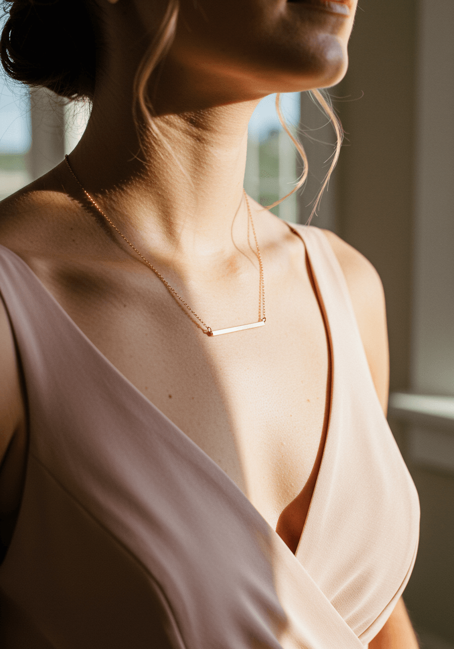 Bridesmaid adjusting gold bar necklace with blush pink dress in bright natural window light