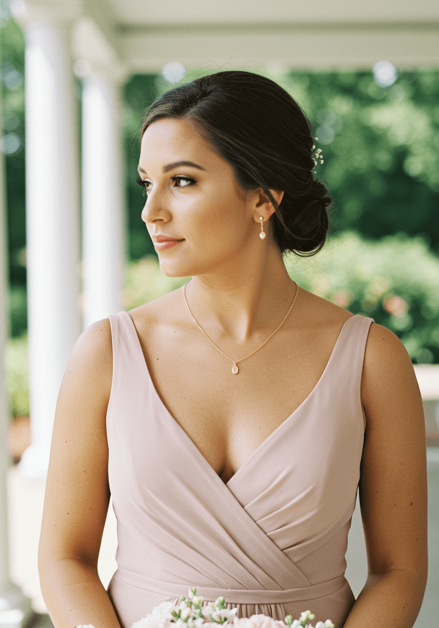 Bridesmaid wearing delicate gold chain necklace with small pendant in blush pink dress standing in sunlit garden pavilion