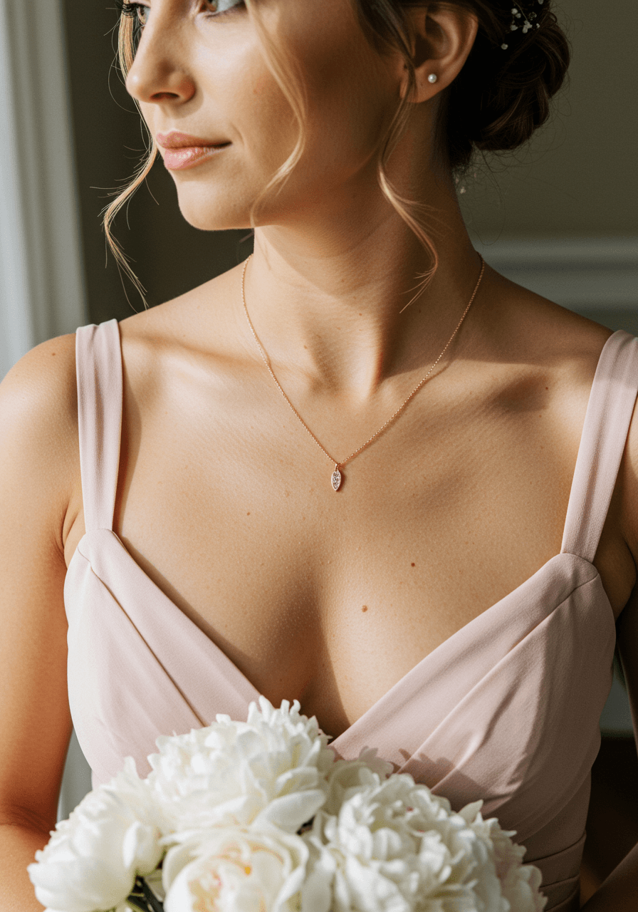 Bridesmaid wearing delicate gold chain necklace with small pendant in blush pink dress standing in sunlit bridal suite