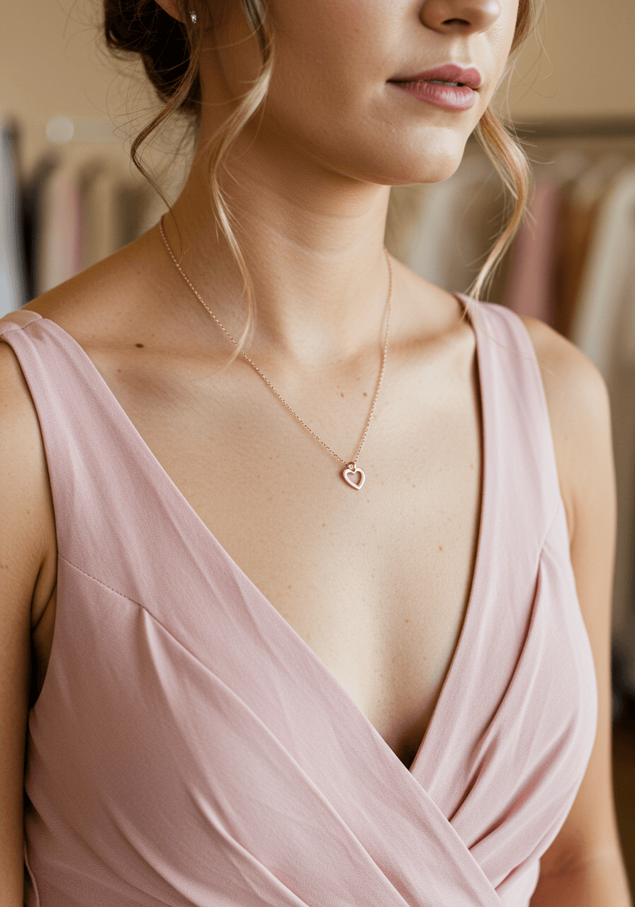 Bridesmaid wearing delicate rose gold heart-shaped pendant necklace in blush pink dress at bridal boutique