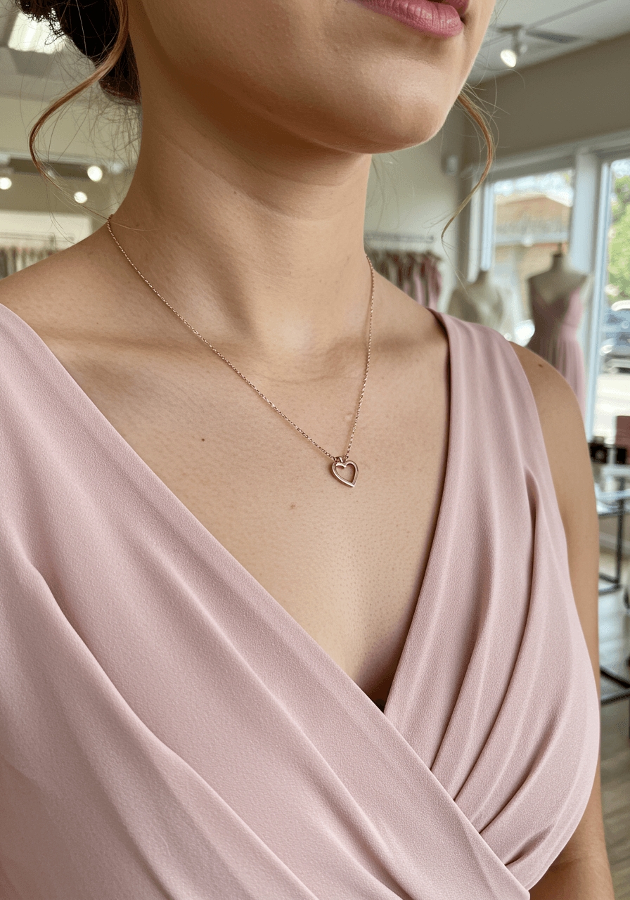 Bridesmaid standing with hands at sides wearing rose gold heart pendant necklace and blush dress in bright boutique