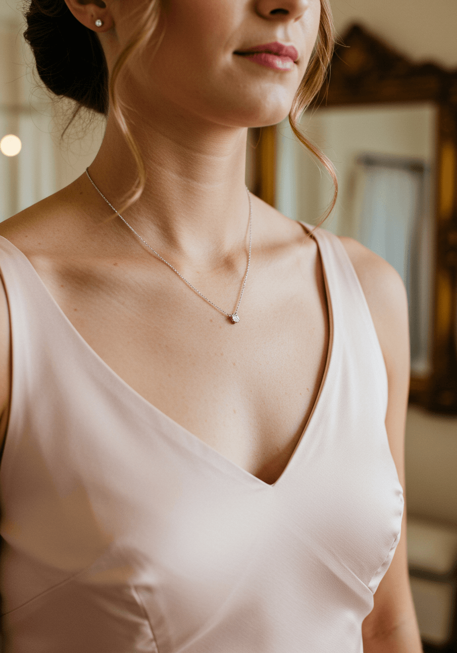 Bridesmaid wearing delicate silver chain necklace with small diamond solitaire pendant in soft blush pink silk dress at bridal boutique
