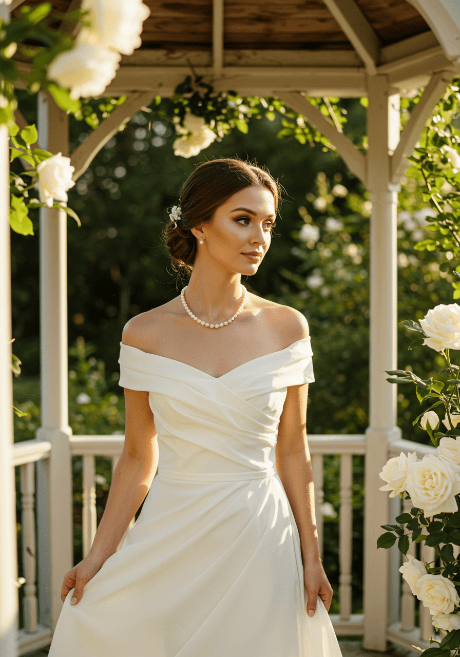 Bride wearing delicate pearl strand necklace with white off-shoulder dress in sunlit garden gazebo surrounded by white roses