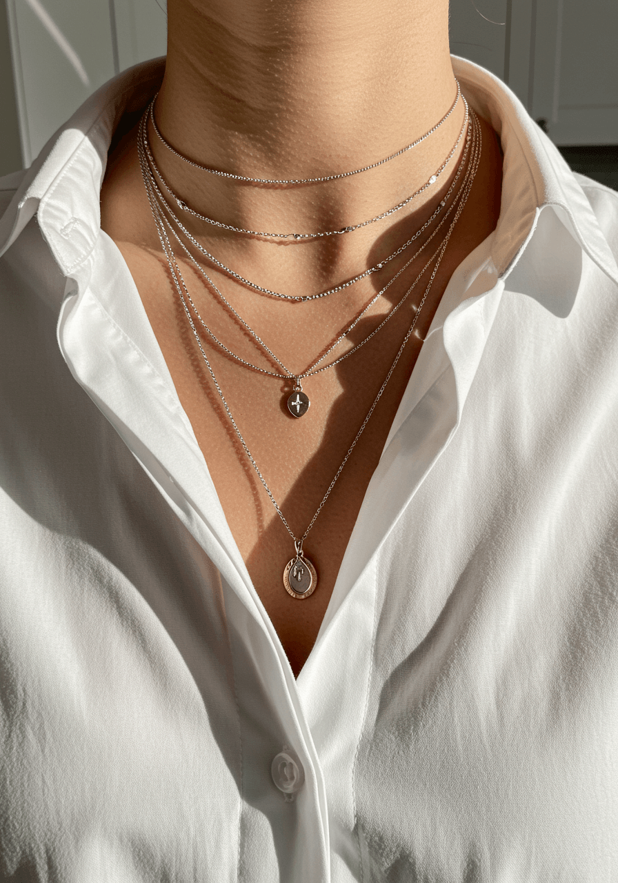 Woman wearing multiple delicate silver and rose gold layered necklaces over white button-down shirt in modern kitchen