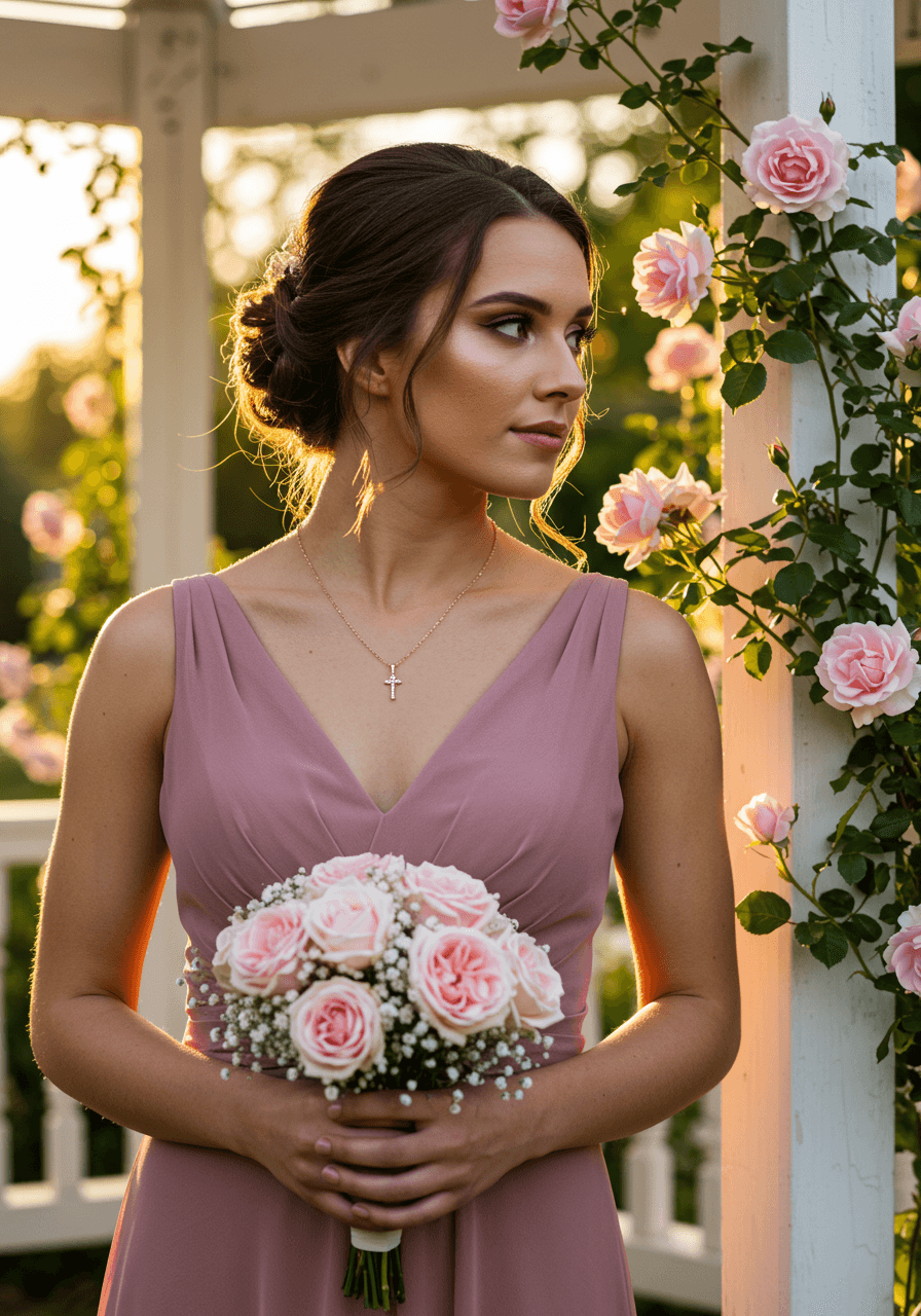 Bridesmaid wearing elegant rose gold necklace with pendant in dusty rose chiffon dress at garden gazebo during sunset