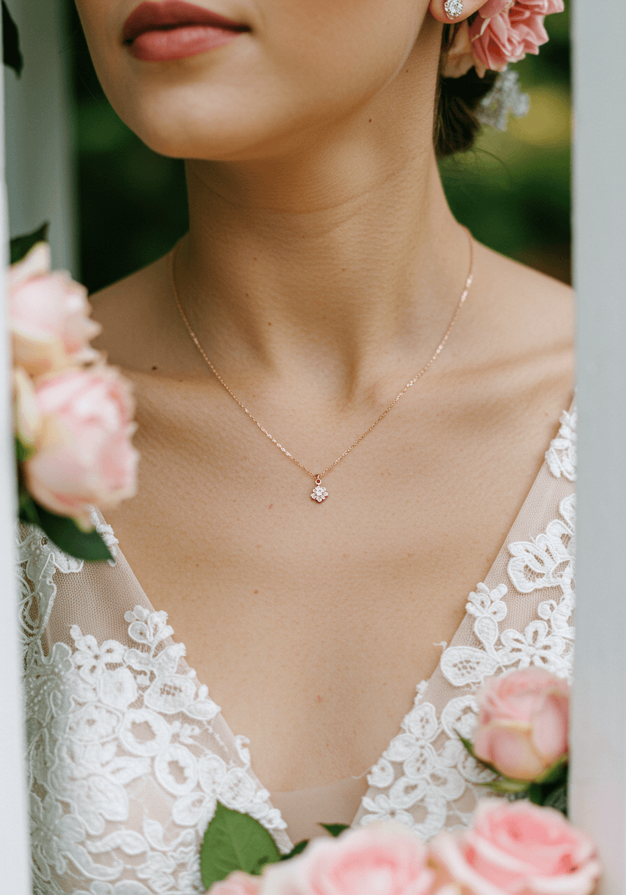 Rose gold necklace pendant catching light against ivory lace with soft pink roses in background