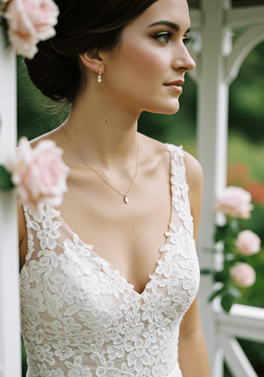 Bride wearing delicate rose gold chain necklace with ivory lace wedding dress in romantic garden gazebo surrounded by blush roses