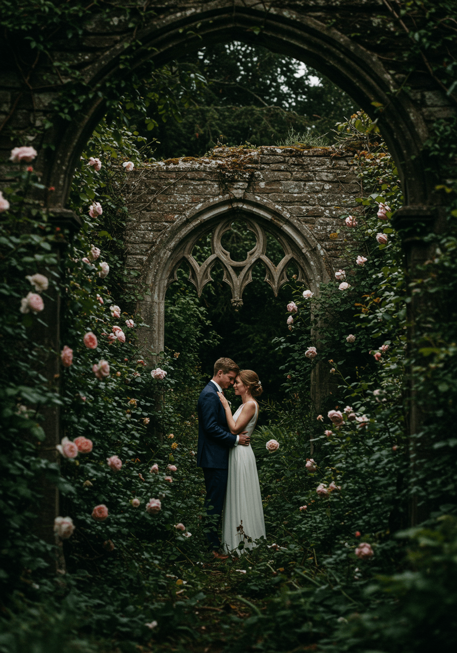 Bohemian bride walking through forgotten greenhouse with flowering vines and broken glass panels