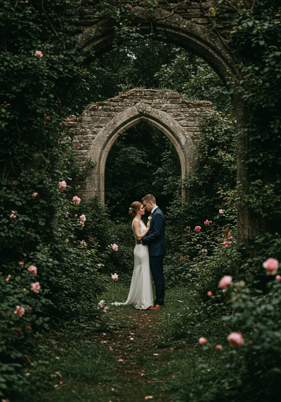 Bride and groom embracing among towering rose bushes in abandoned English manor garden
