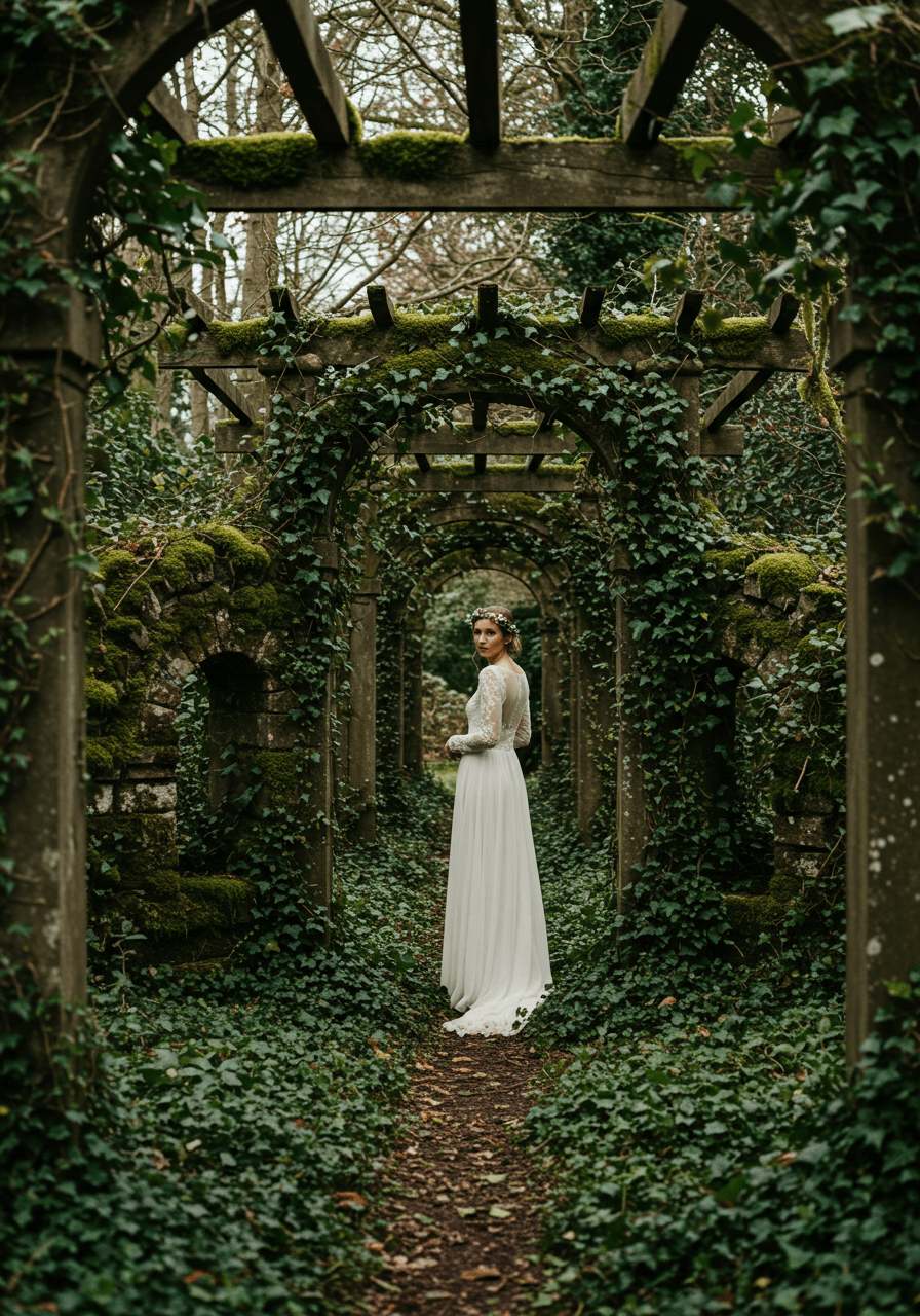 Bride in flowing bohemian lace dress among moss-covered stone archways and weathered wooden arbors