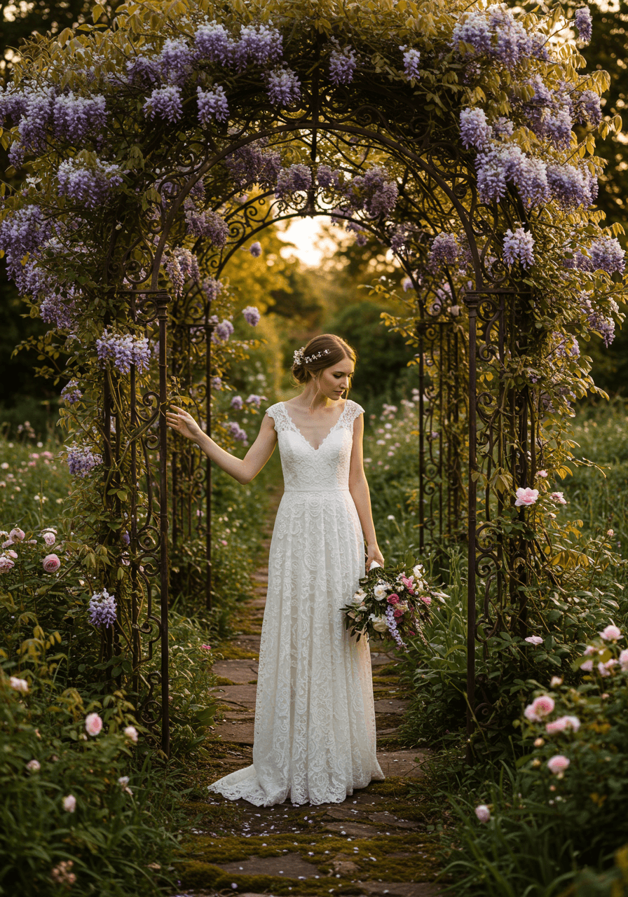Couple embracing among rose bushes and stone archways in abandoned English manor garden
