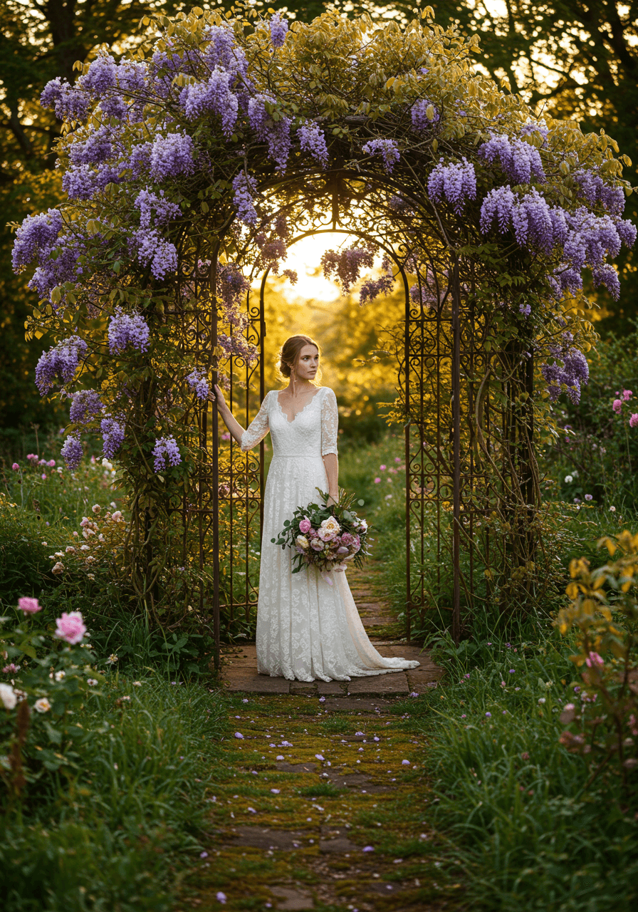 Bride in bohemian lace dress standing beside ornate iron pergola in overgrown garden