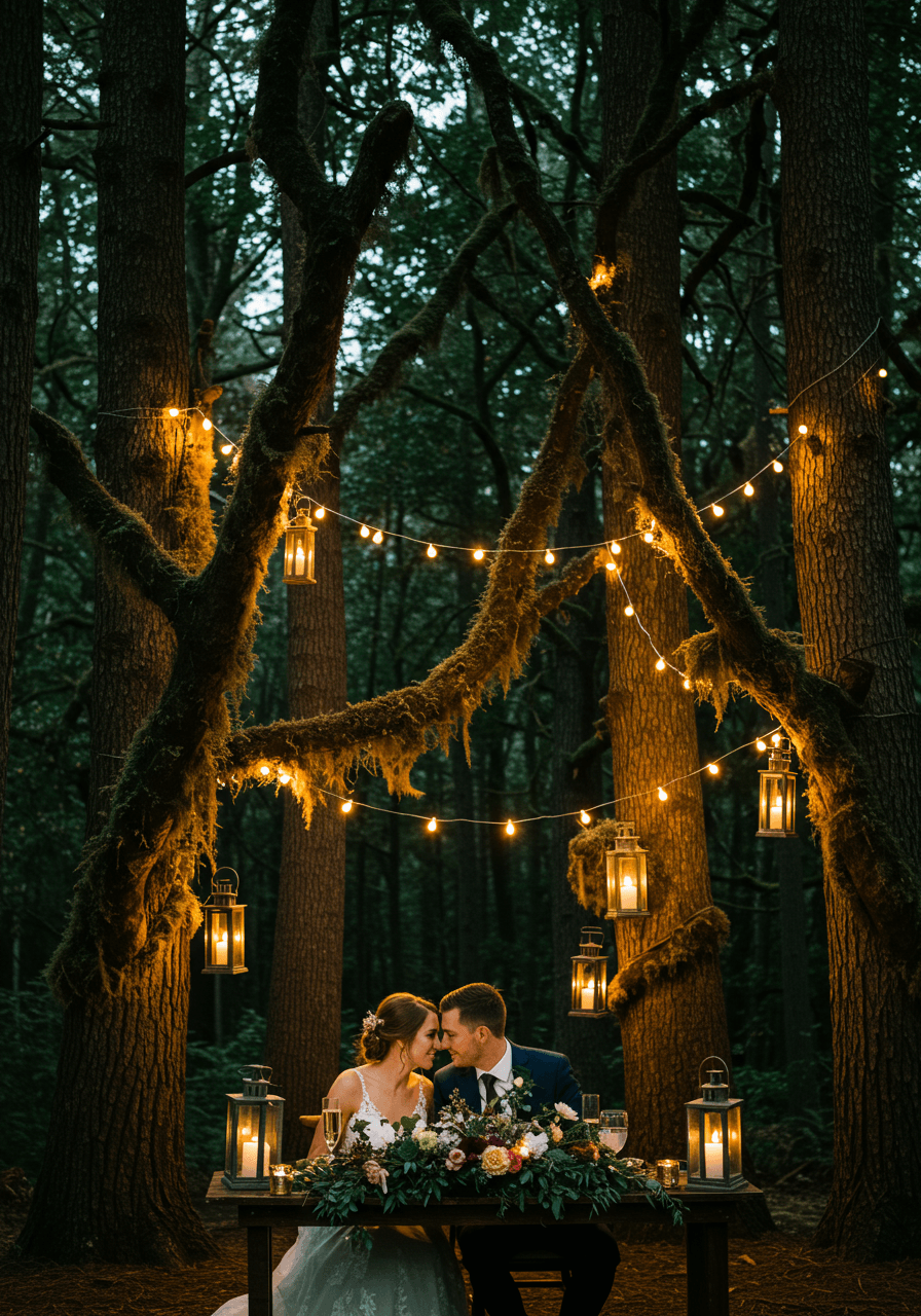 Couple sharing intimate moment at sweetheart table surrounded by fairy lights in ancient trees