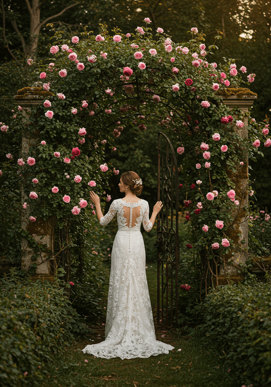 Bohemian bride in lace dress beside rose-covered pergola in overgrown English garden setting