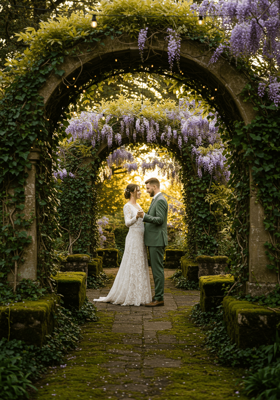 Bride and groom sharing intimate first dance on moss-covered stone patio under ivy archways