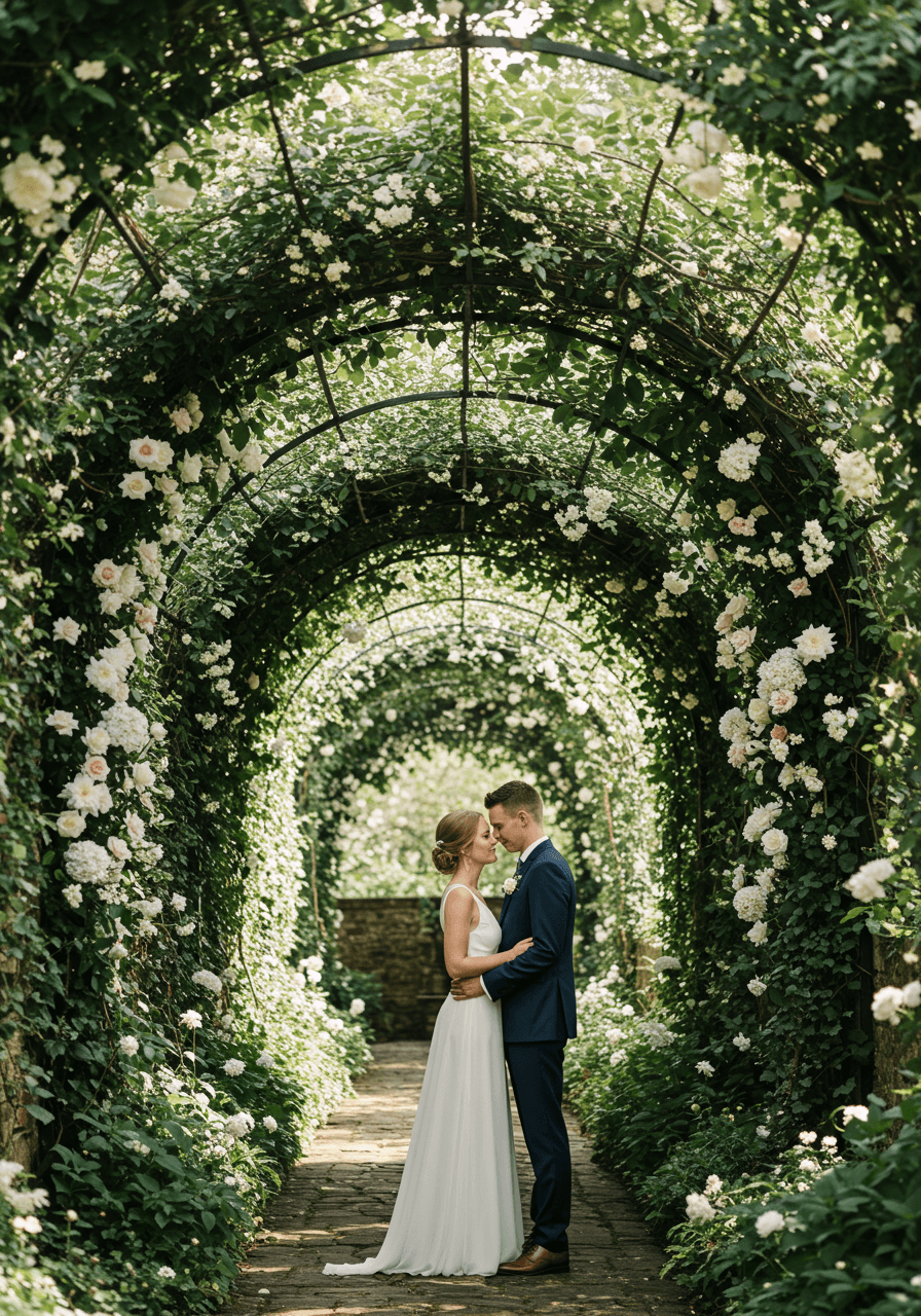 Hidden ceremony clearing surrounded by wildly overgrown hedgerows creating natural walls